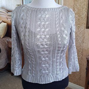 SILVER METALLIC LAUREN RALPH LAUREN CABLE KNIT SWEATER PETITE MEDIUM